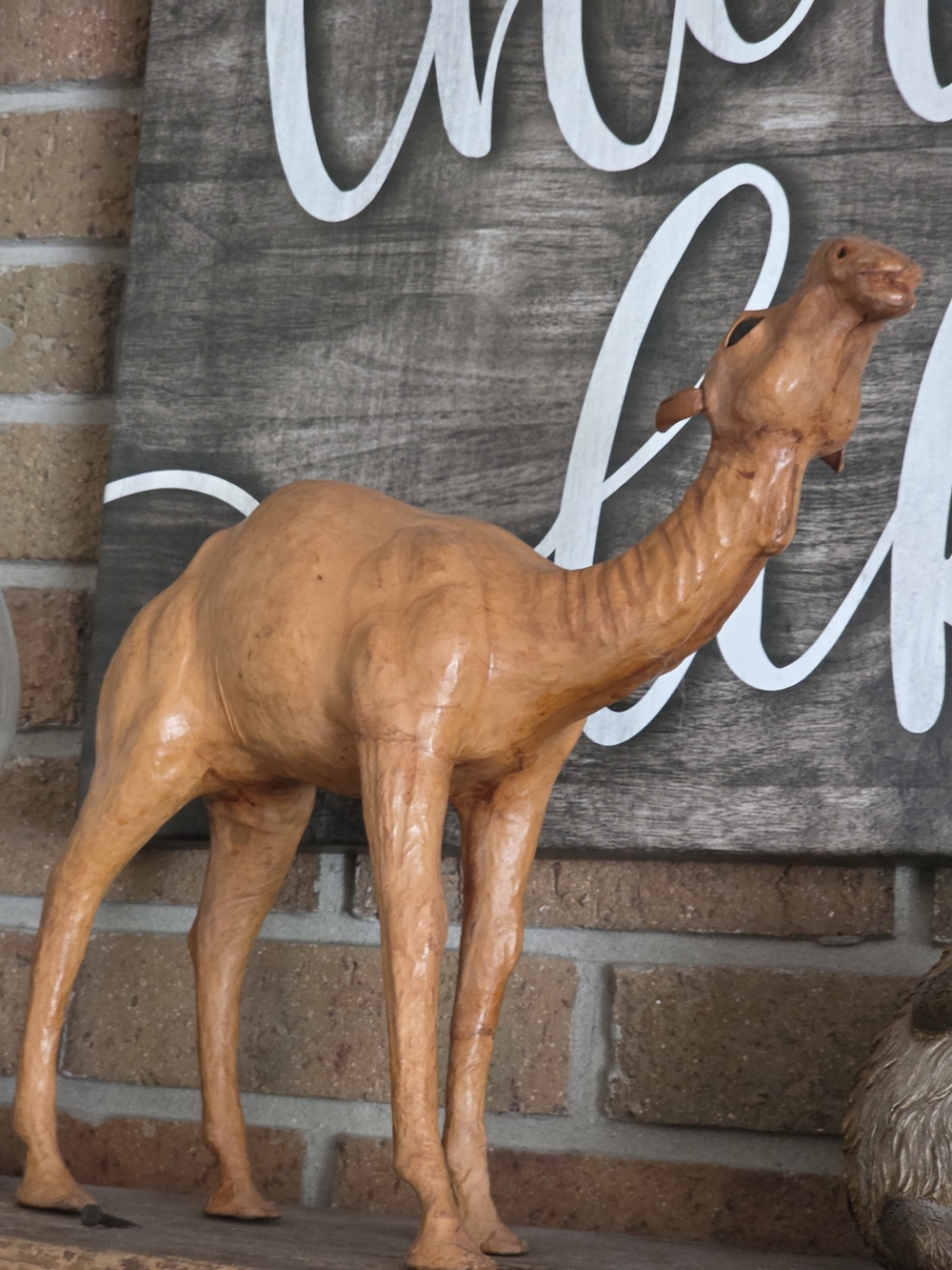 Antique Tanned Leather Camel Figurine - Warm Orange-Brown